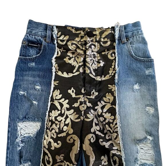 Dolce & Gabbana ~multi-distressed-brocade-relaxed-crop-jeans~missing brand patch - Picture 7 of 16